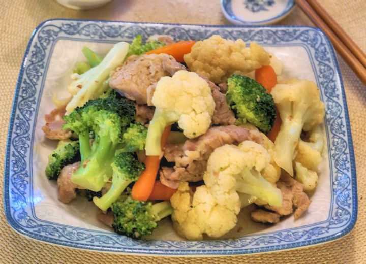 sauteed broccoli cauliflower and pork